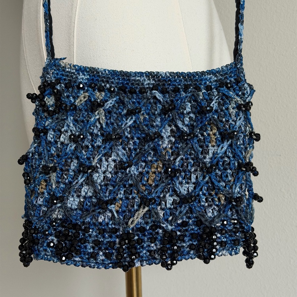 Prinses by Kim Handmade Blue Crochet Shimmered Crossbody Bag with Bead Accents